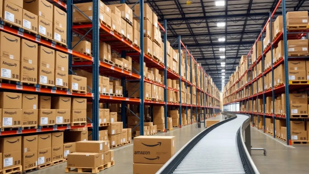 Amazon FBA warehouse with product storage shelves and fulfillment conveyor system.