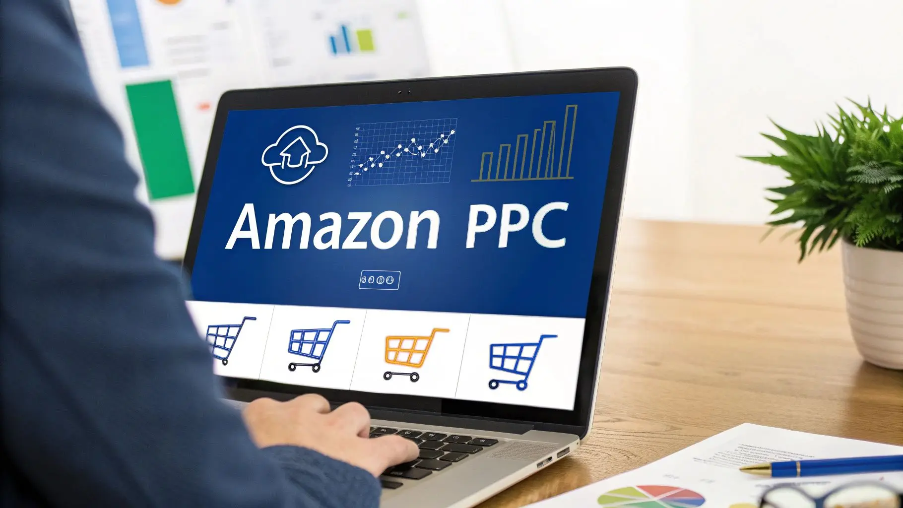 Amazon PPC advertising dashboard displayed on laptop screen.