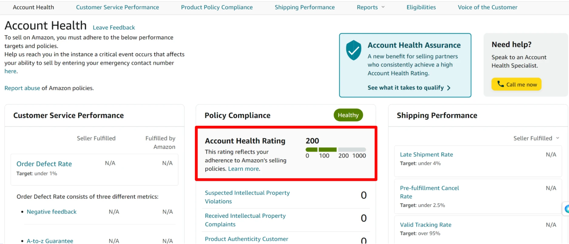 Amazon Seller Central Account Health dashboard showing seller performance metrics.