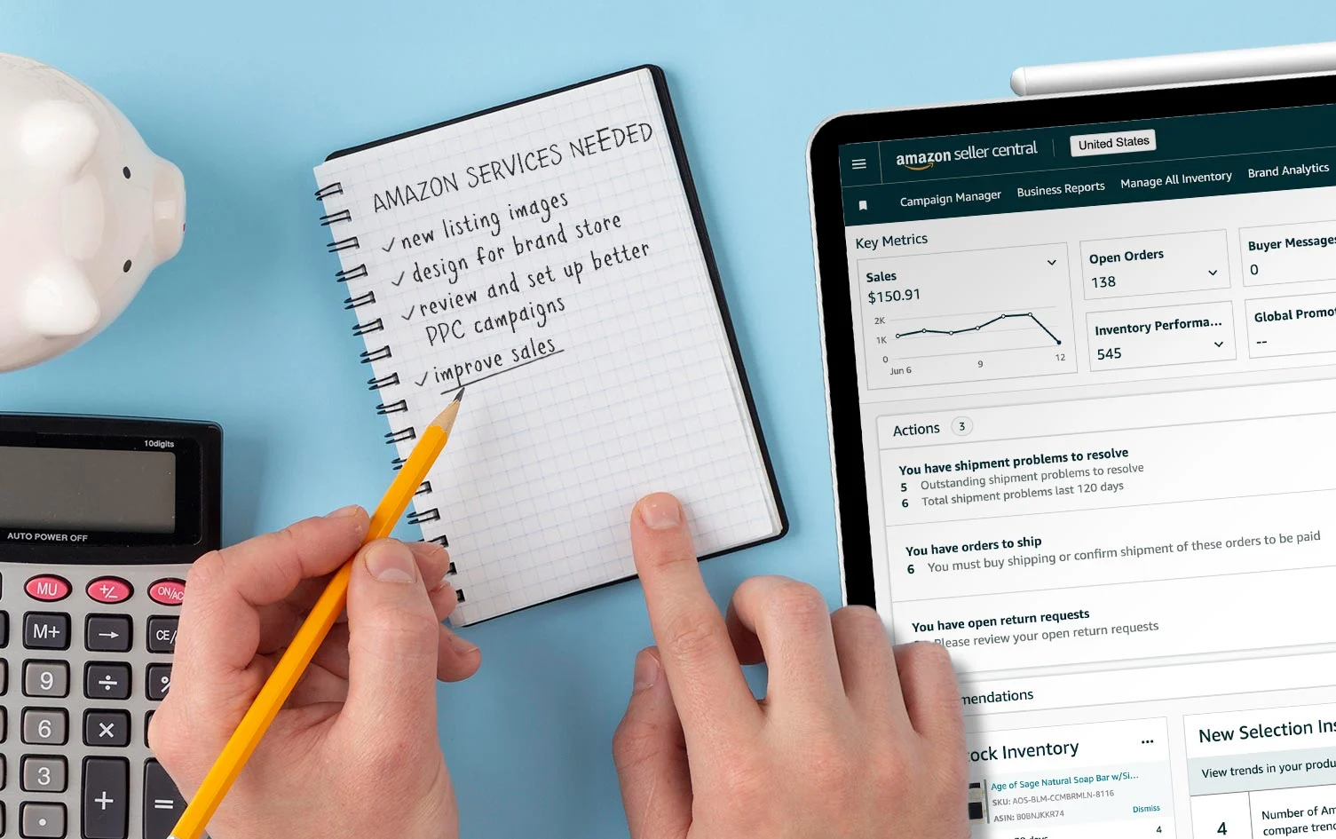 Amazon Seller Central dashboard with service checklist.