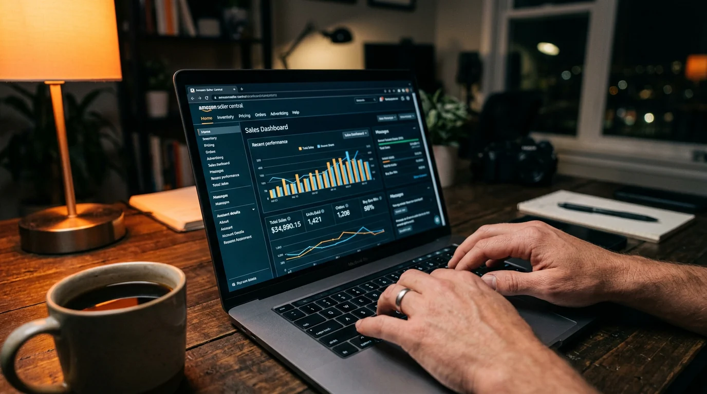 Amazon Seller Central sales dashboard on laptop.