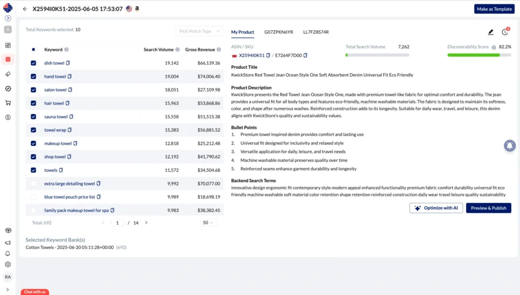 Amazon keyword research and listing optimization dashboard showing keywords, search volume, and product listing details.