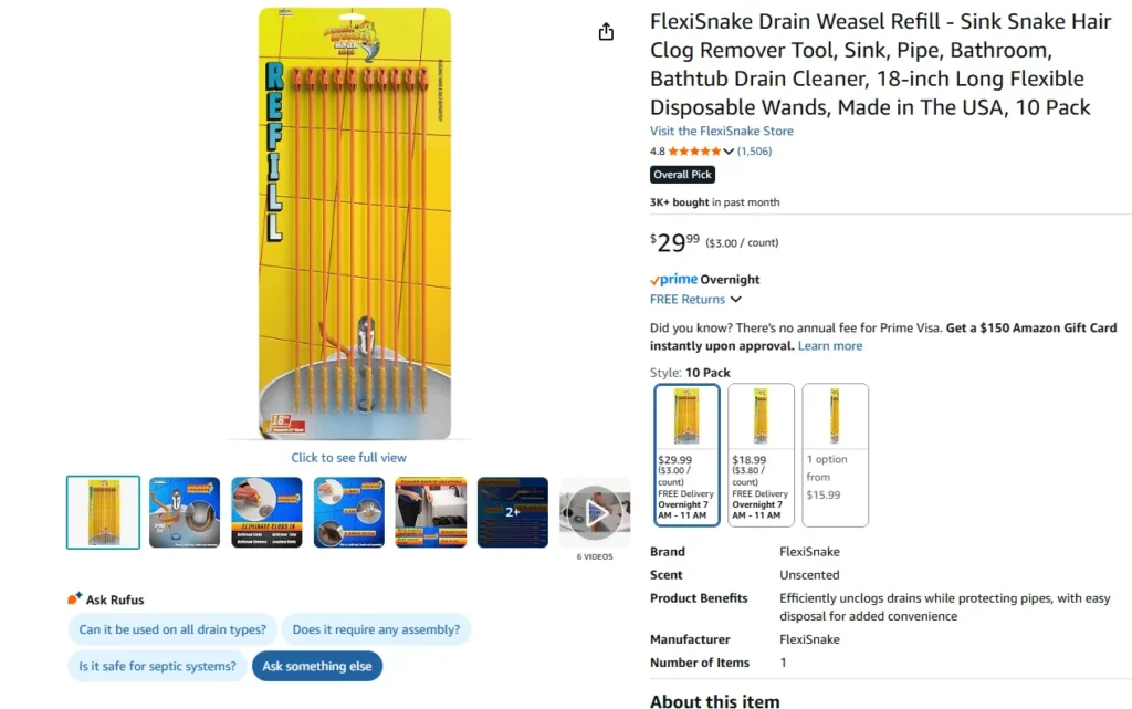 Amazon product page showing a drain cleaning tool listing with images, price, rating, and details.