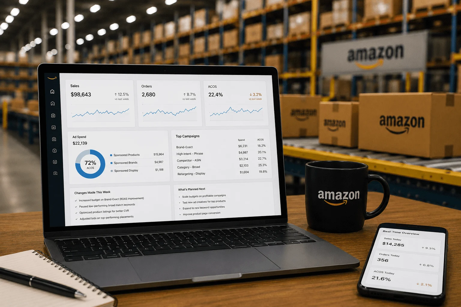 Amazon sales dashboard on laptop in warehouse.