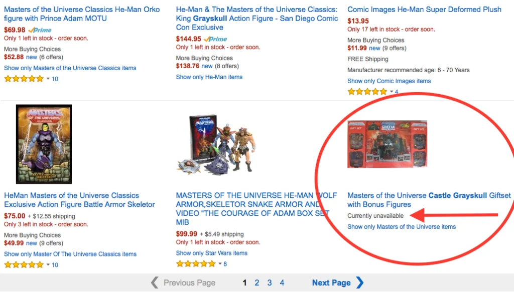 Amazon search results showing unavailable product listing and competition.