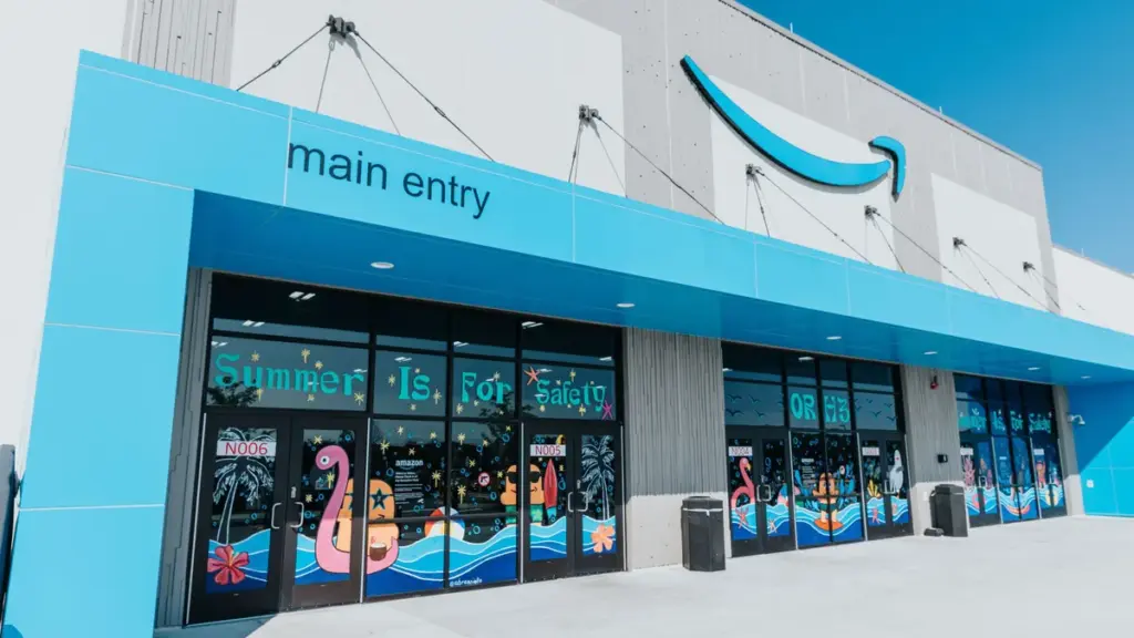 Amazon store exterior with blue entrance and summer window graphics.