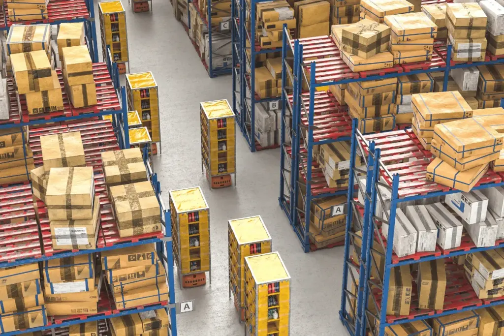 Amazon warehouse shelves with stored inventory and fulfillment boxes.