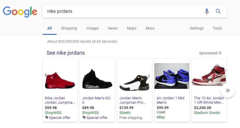 Google Shopping ads for Nike Jordans
