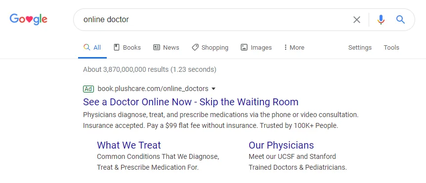 Google search ad for online doctor while understanding google ads types