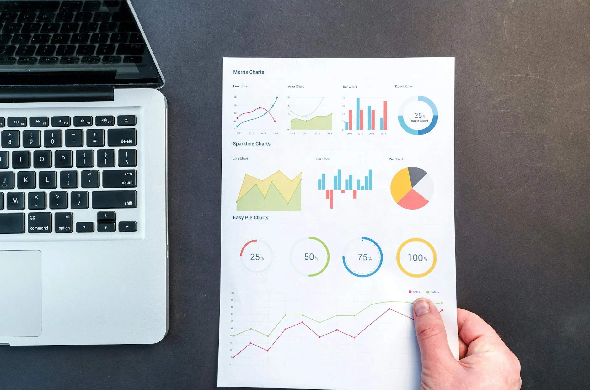 Laptop and printed business charts showing performance data and growth analytics.