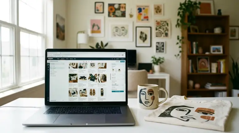 Laptop displaying an amazon storefront setup beside branded products on a desk
