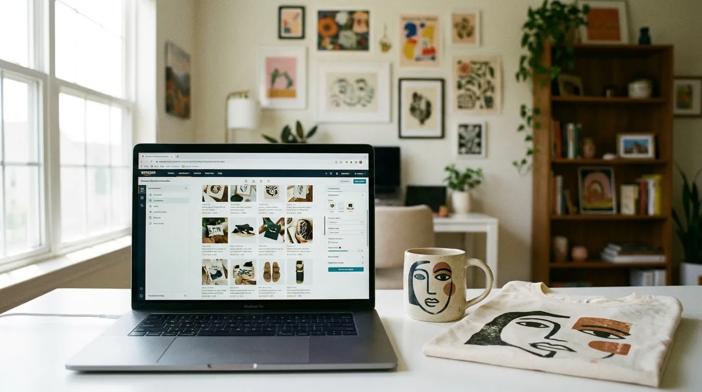 Laptop displaying an Amazon storefront setup beside branded products on a desk.
