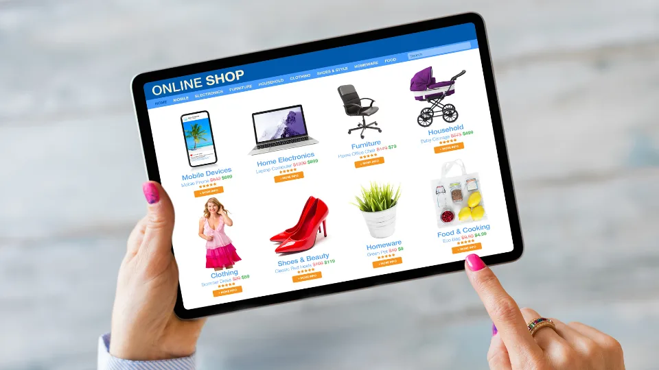 Online shopping marketplace displayed on tablet with multiple product listings.