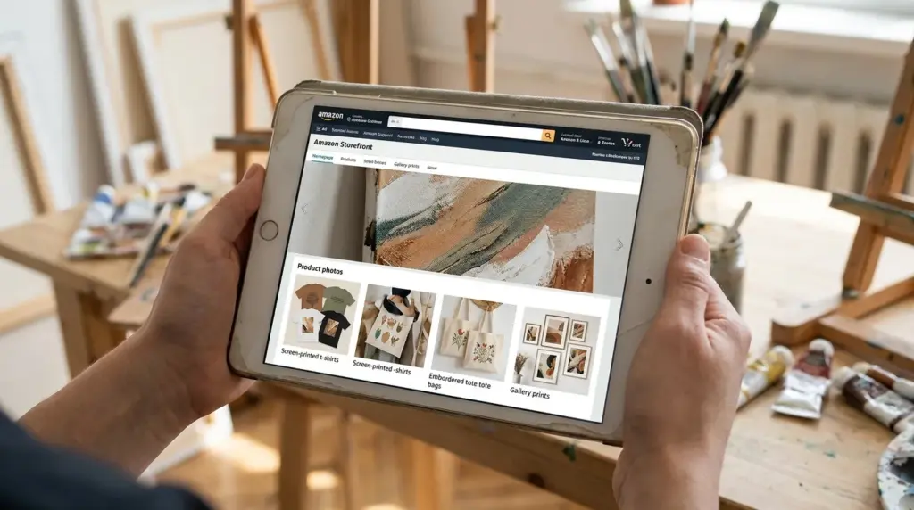 Tablet showing an Amazon storefront with product categories in an art studio.