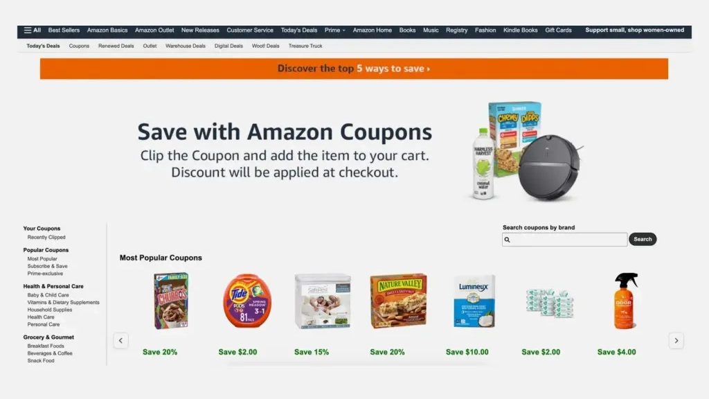 Amazon Coupons page showing discounted products and savings offers.