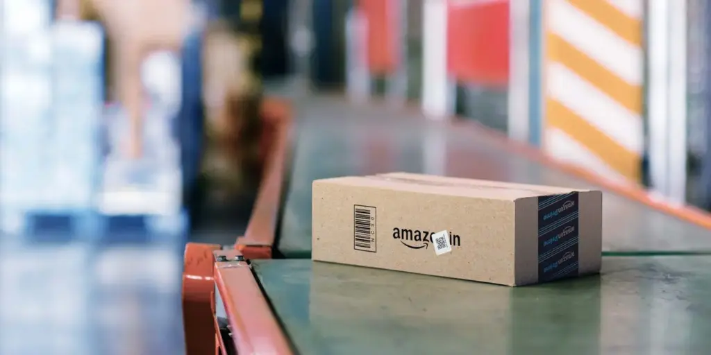 Amazon FBA package on a conveyor belt.