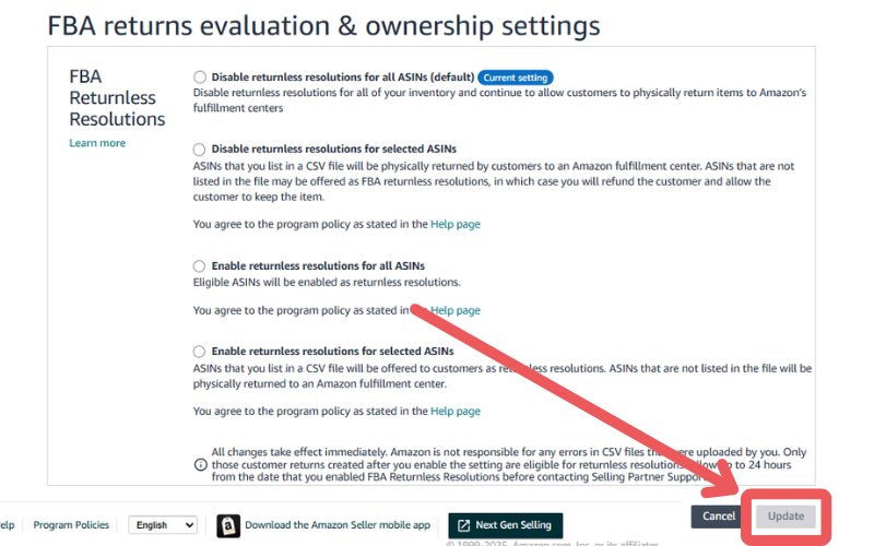 Amazon FBA returnless resolutions settings page with update button highlighted.