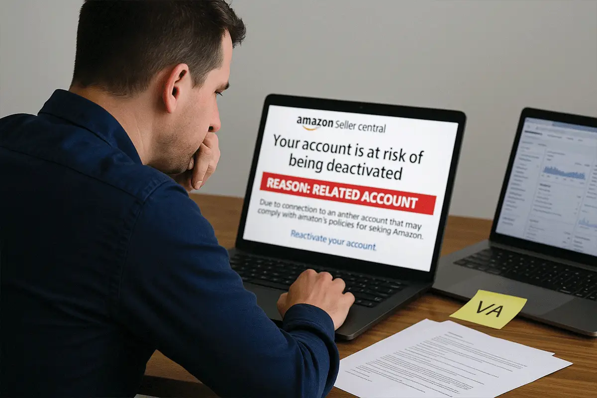 Amazon Seller Central account deactivation warning displayed on a laptop screen.