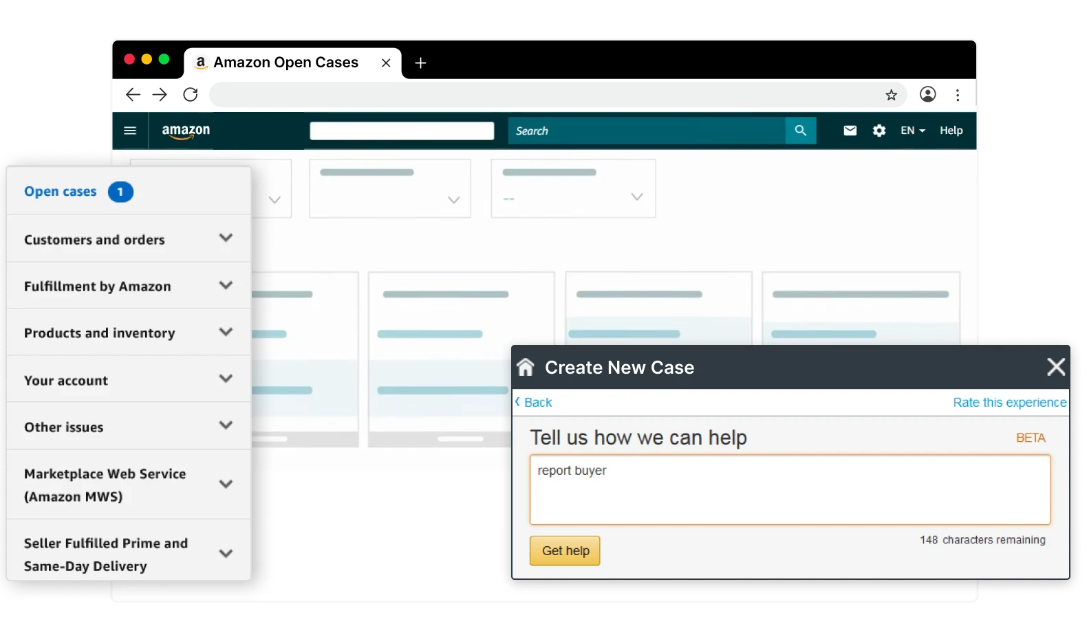 Amazon Seller Central create new case screen for submitting seller support requests.