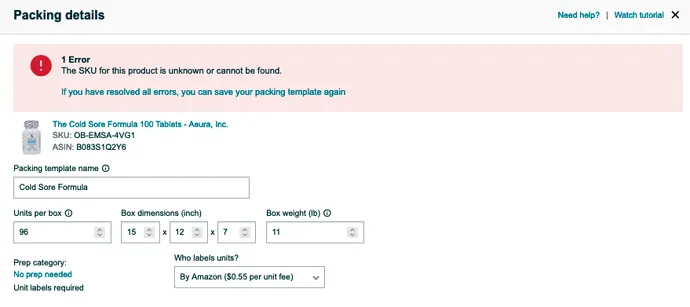 Amazon Seller Central packing details page showing SKU error and box information fields. (1)