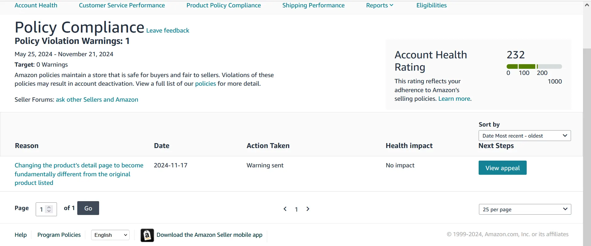 Amazon Seller Central policy compliance page showing a product listing violation warning.