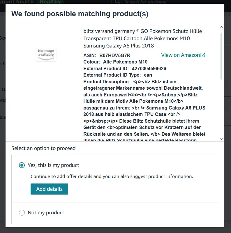 Amazon Seller Central product match confirmation screen showing ASIN details.