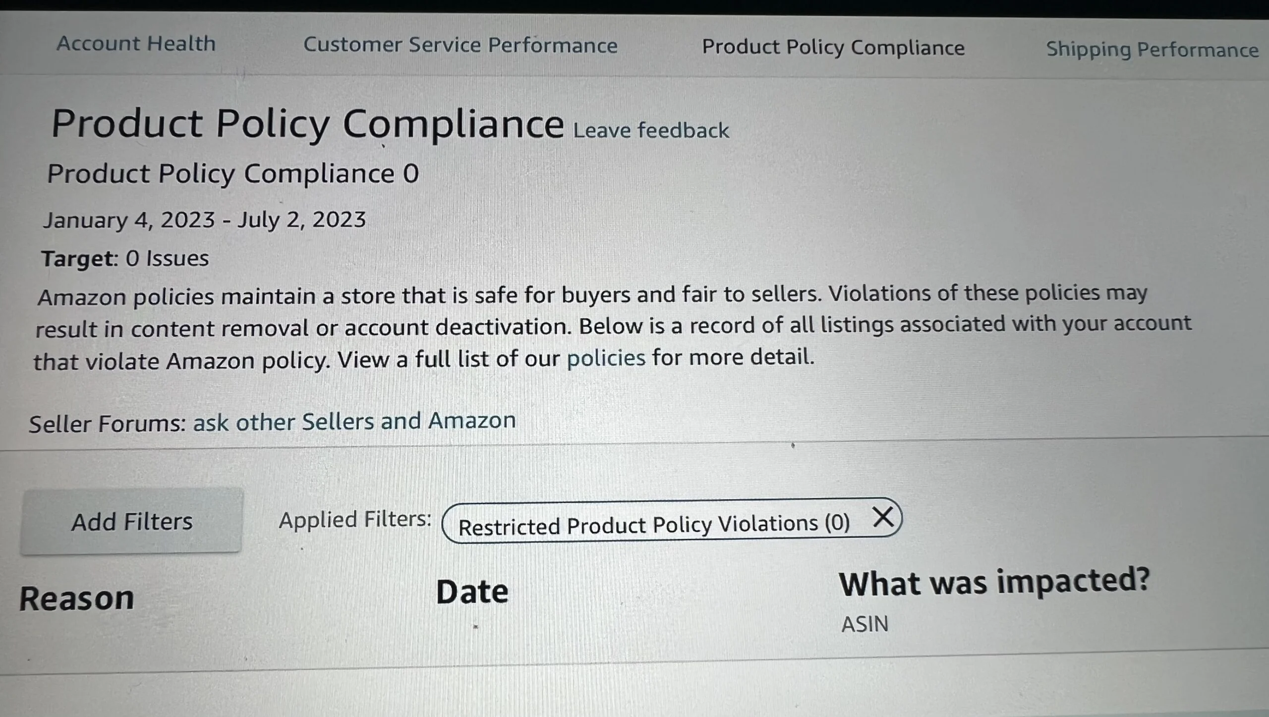Amazon Seller Central product policy compliance dashboard showing policy violations.