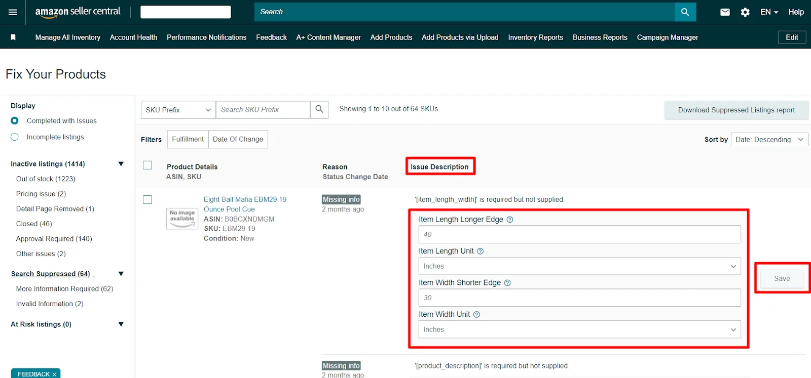 Amazon Seller Central suppressed listing page showing missing product information issues.