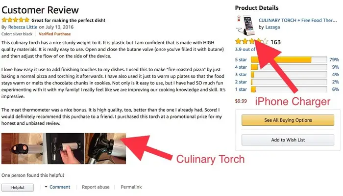 Amazon customer review page showing product review manipulation example.