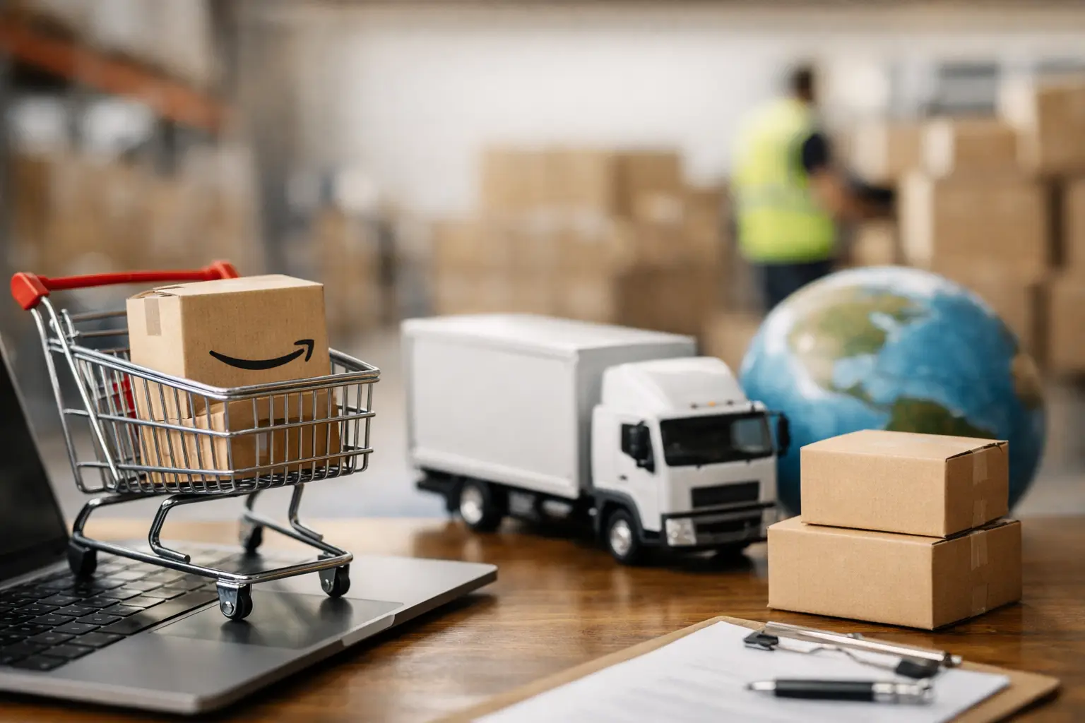 Amazon fulfillment and delivery process with packages and logistics.