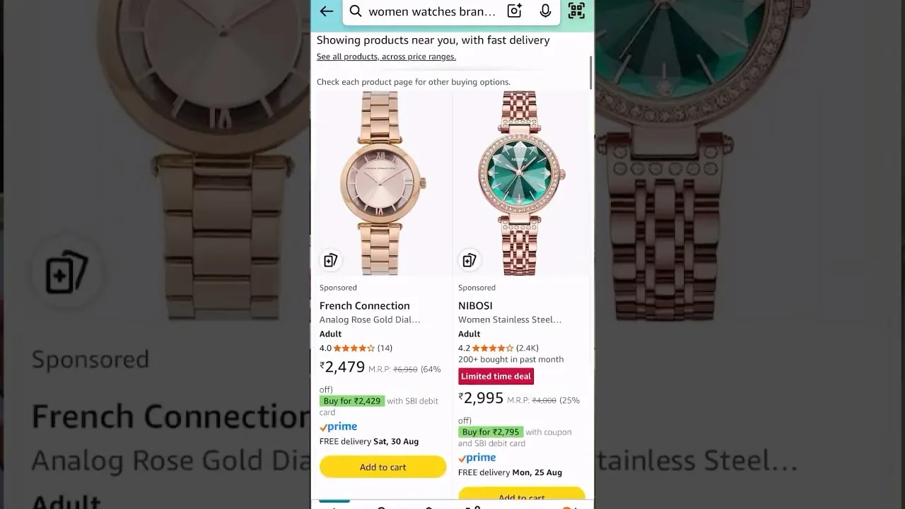 Amazon mobile search results showing sponsored women’s watches.