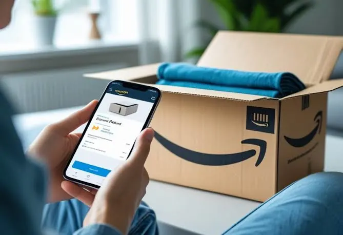 Amazon package return with refund request on smartphone.