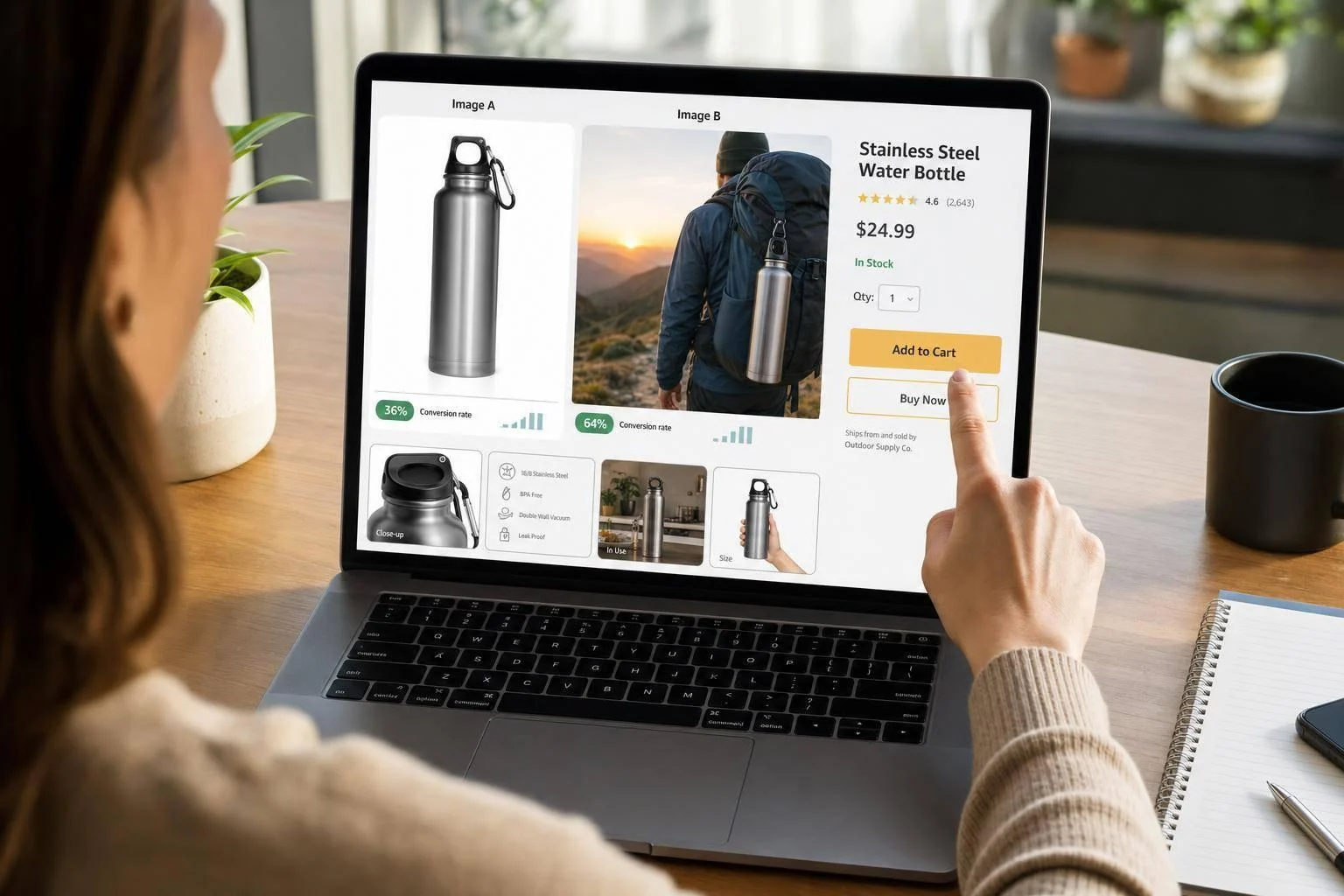 Amazon product listing image comparison on a laptop.