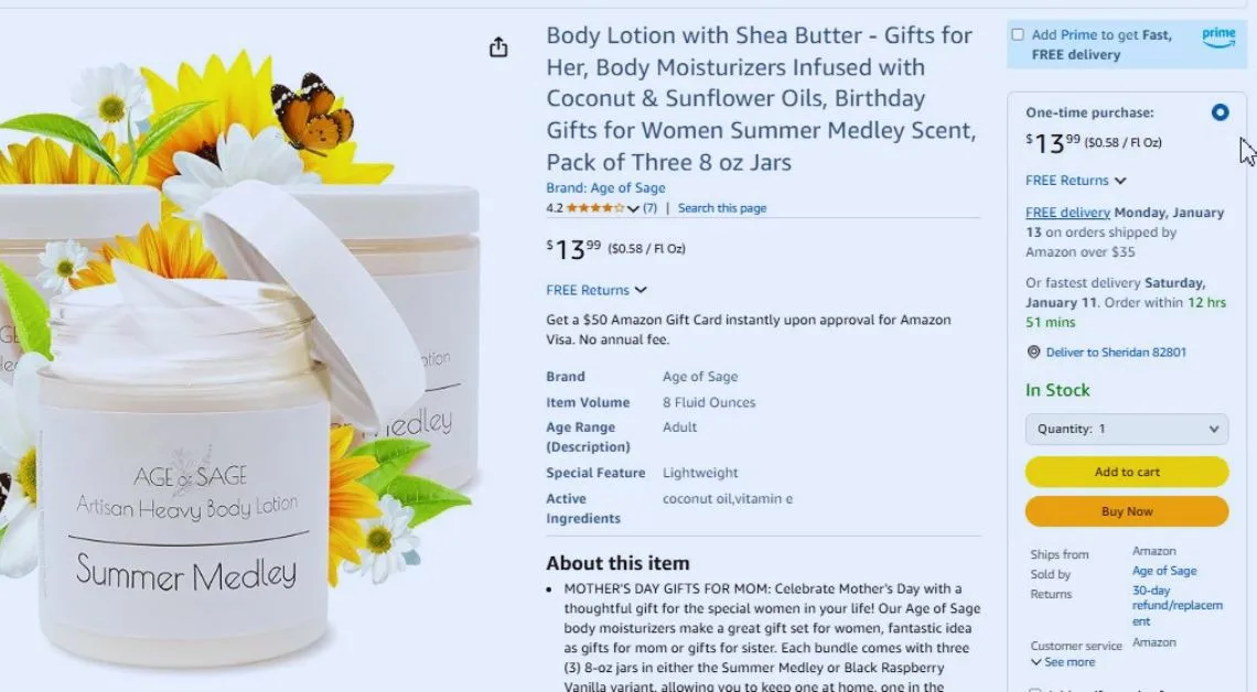 Amazon product listing showing body lotion details and product information.
