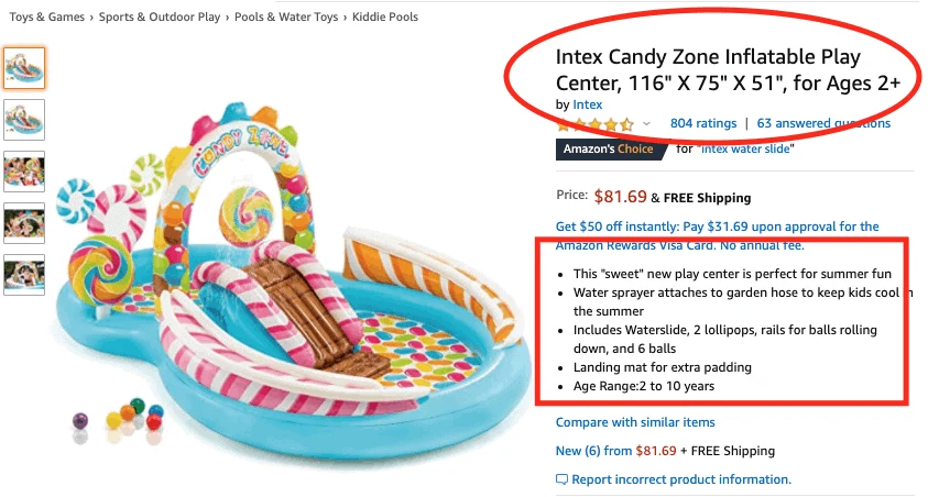 Amazon product listing showing title and bullet points for an inflatable play center.