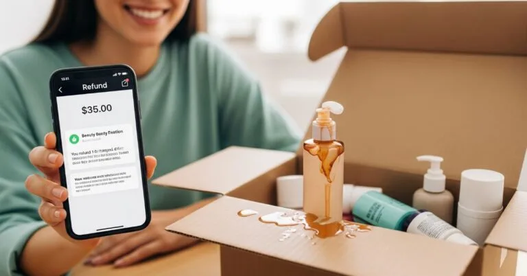 Amazon returnless refund example with customer holding refund screen and returned product box.