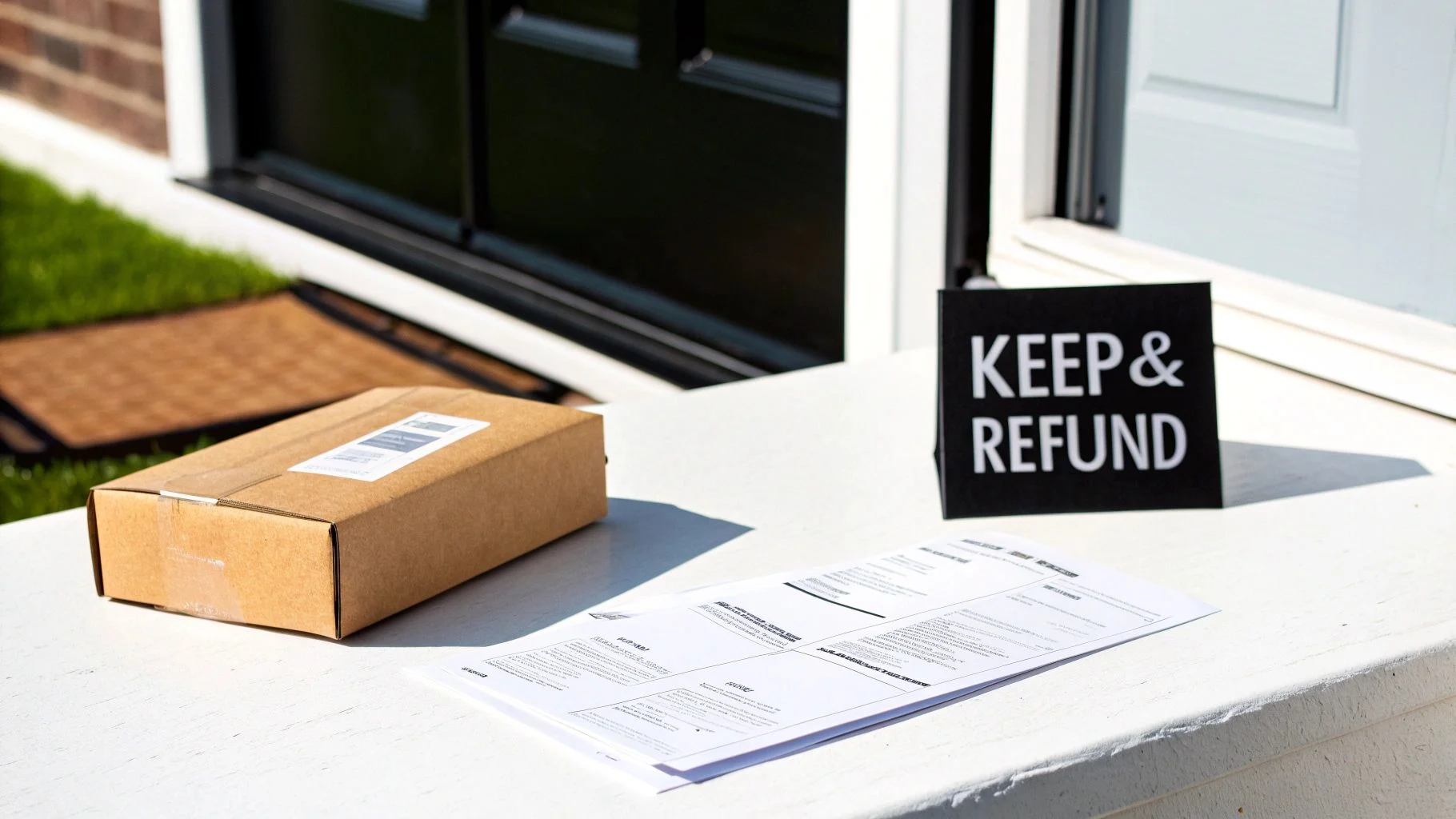 Amazon returnless refund package with keep and refund notice.