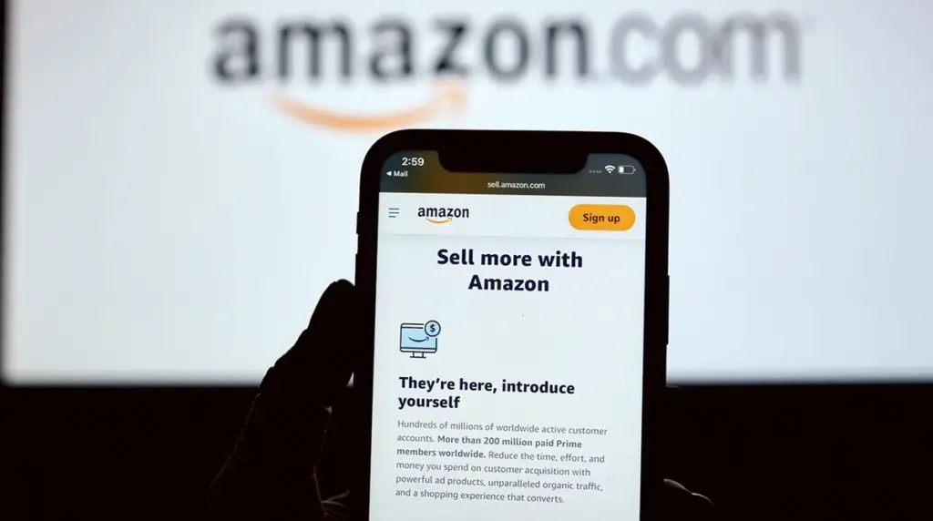 Amazon seller page displayed on a smartphone promoting selling products on Amazon sponsored ads cost