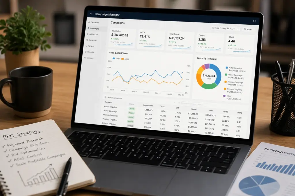 Laptop showing a PPC campaign dashboard with performance charts and strategy notes.