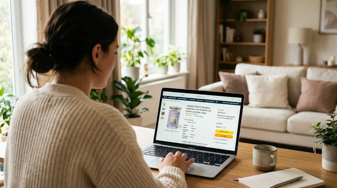 Person browsing an Amazon product listing on a laptop at home.