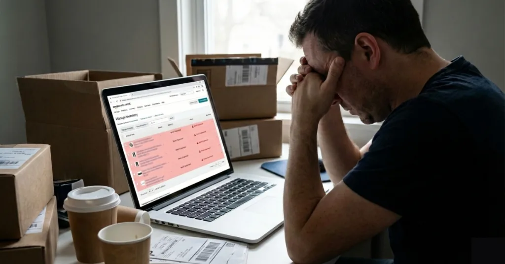 Seller reviewing Amazon issues on a laptop with stacked shipping boxes: Amazon case management