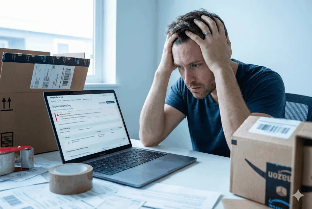 Stressed Amazon seller reviewing a suppressed product listing.