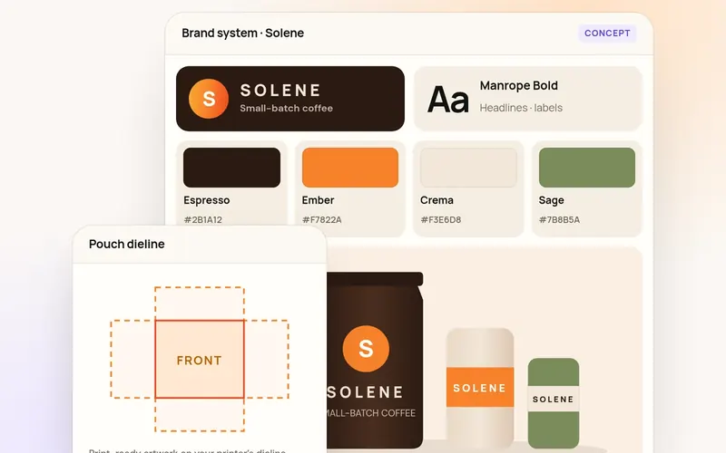 Brand system board with logo, colours and packaging dieline
